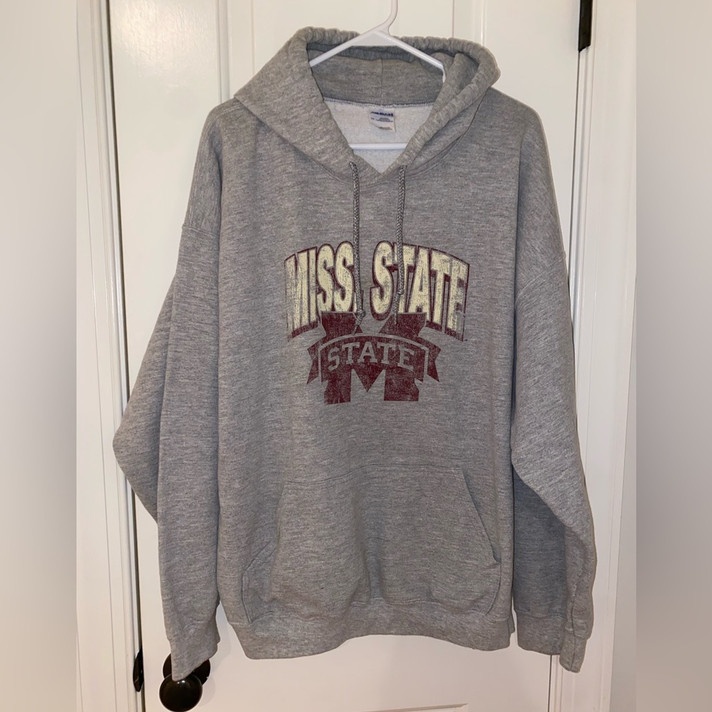 Gildan Gray Hoodie with Maroon Print